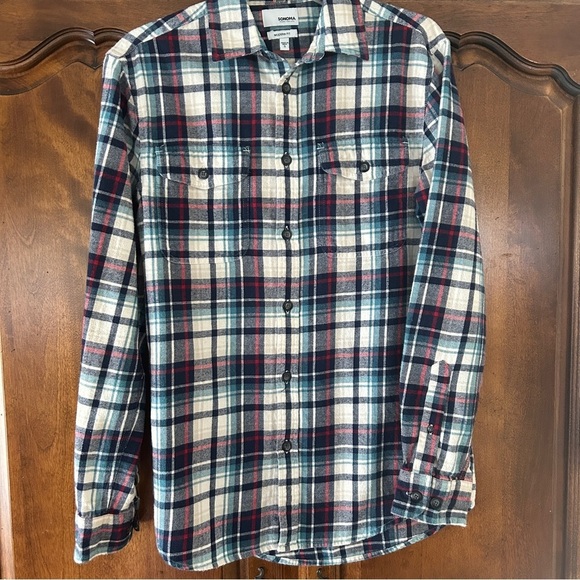 Sonoma Casual Button Down Shirt Red White and Blue Flannel Plaid Men size Small - Picture 5 of 14